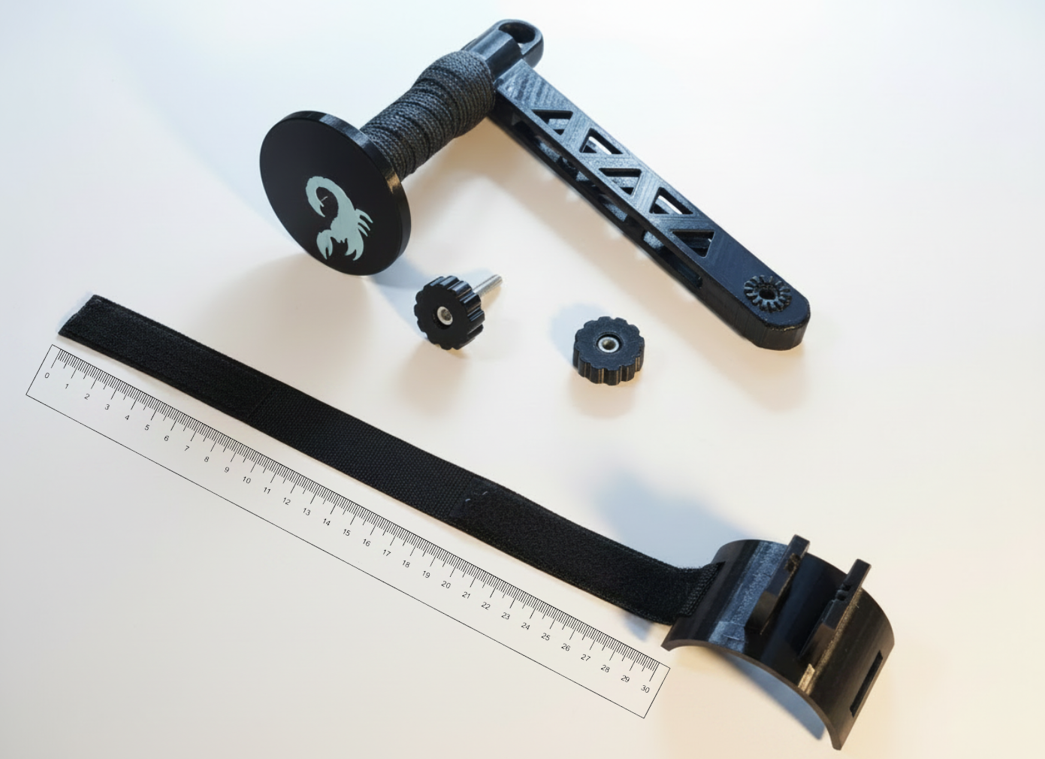 True Form cable attachment with rigid forearm brace and adjustable strap, studio photo on white background